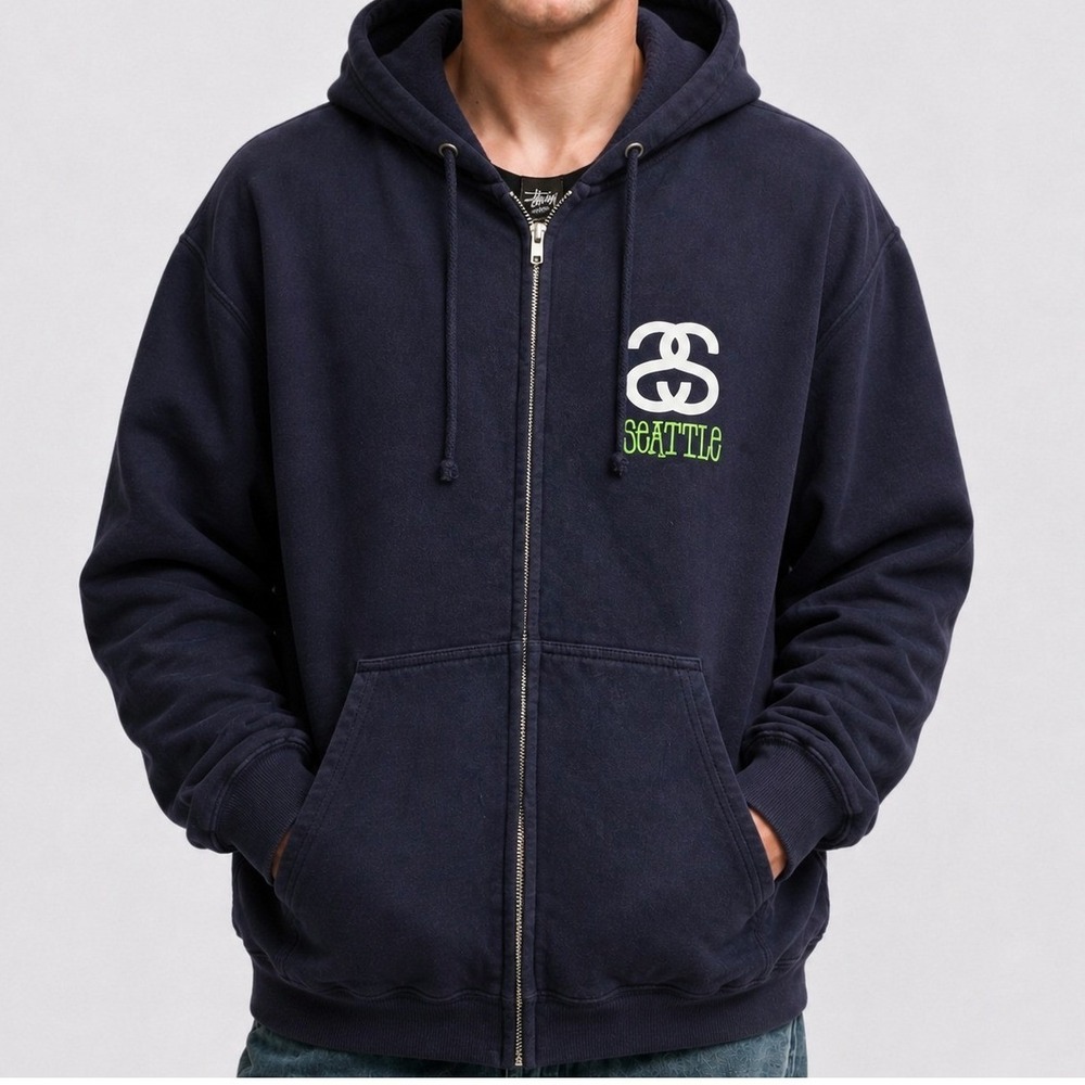 Stussy Seattle Full Zip Hoodie Navy Blue Mens XL Graphic 12 Logo Streetwear